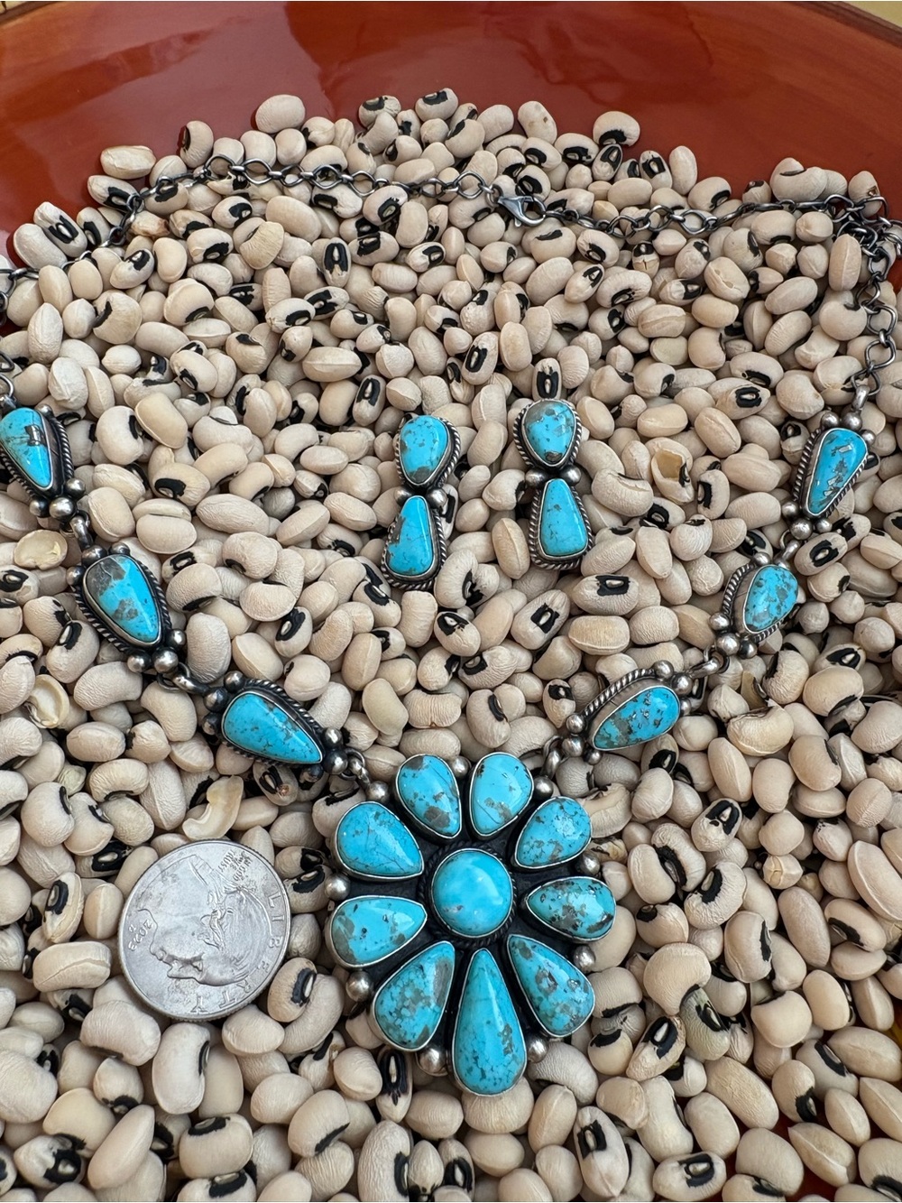 Turquoise Floral Cluster Necklace and Earrings Set - Bright Turquoise - Picture 5 of 7